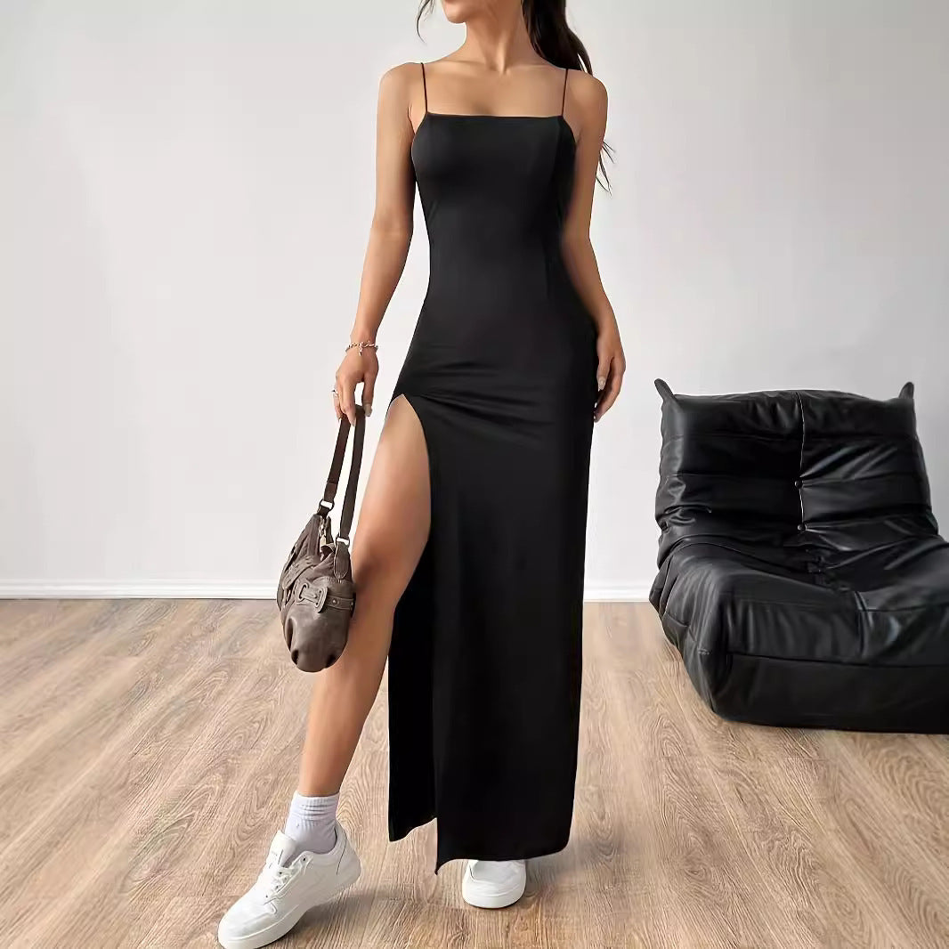 Solid Color High Slit Slim Sleeveless Sling Dress