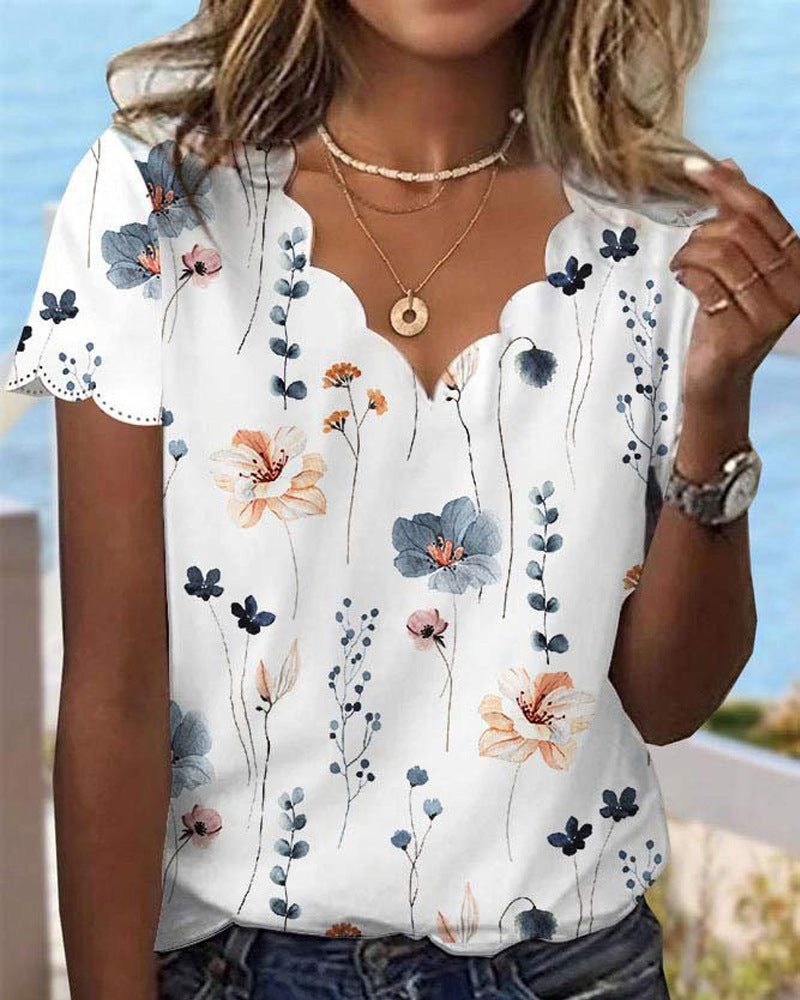 Women's Summer Sexy Shell Collar Floral T-shirt