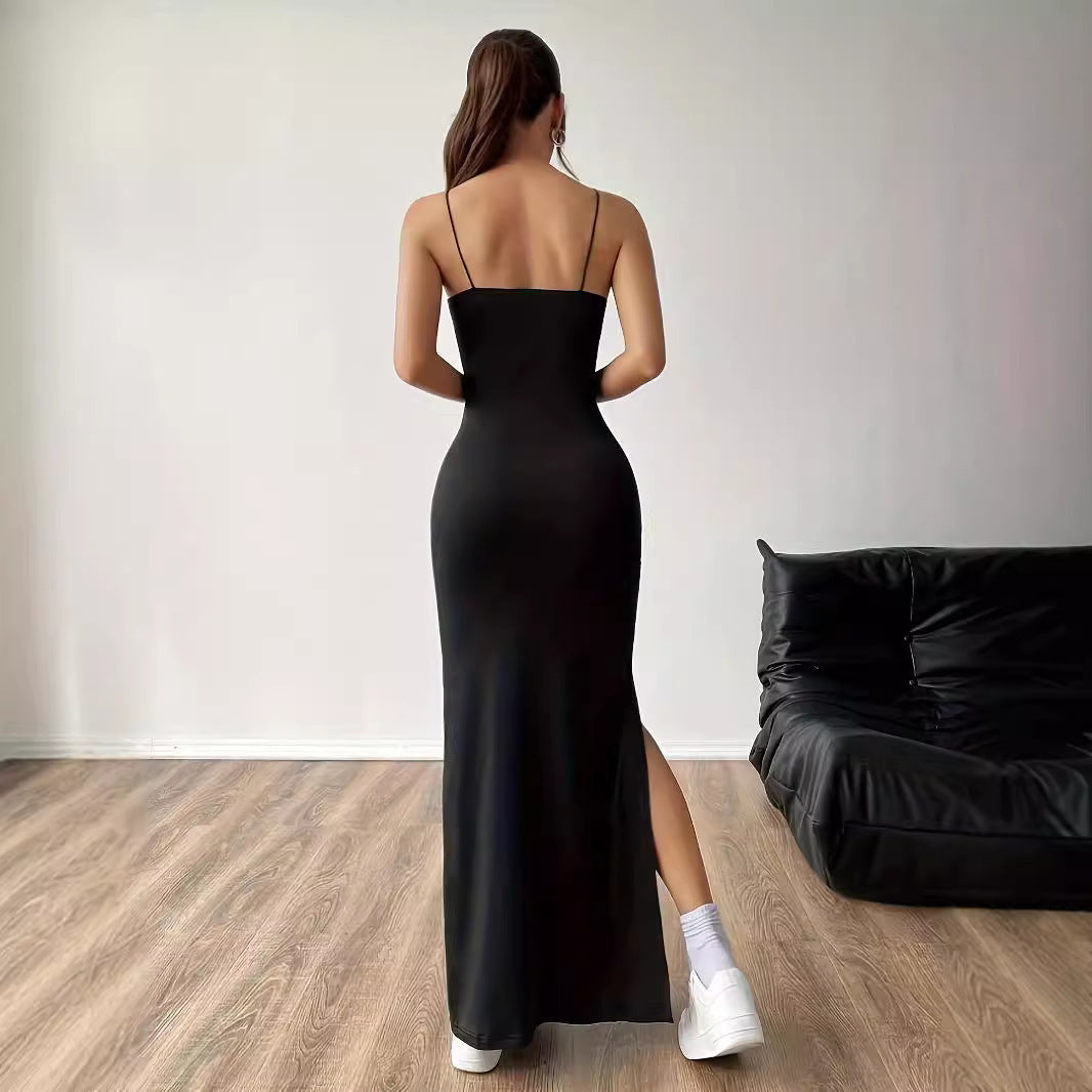 Solid Color High Slit Slim Sleeveless Sling Dress