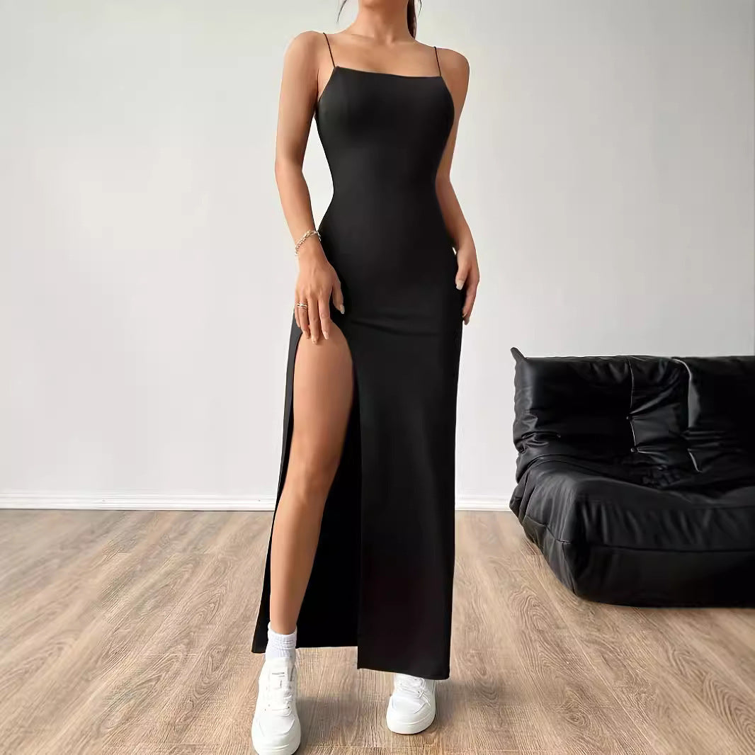 Solid Color High Slit Slim Sleeveless Sling Dress