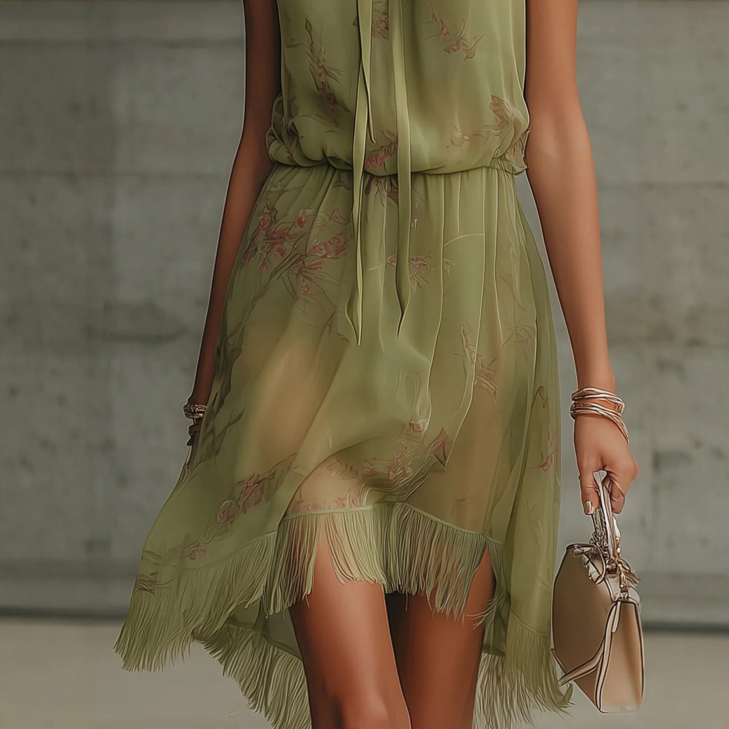 Vestido de cuello alto con lazo y caída fluida con flecos