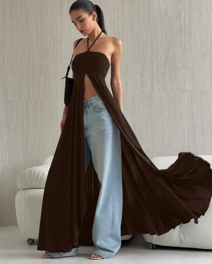Vestido largo con cuello halter y abertura lateral