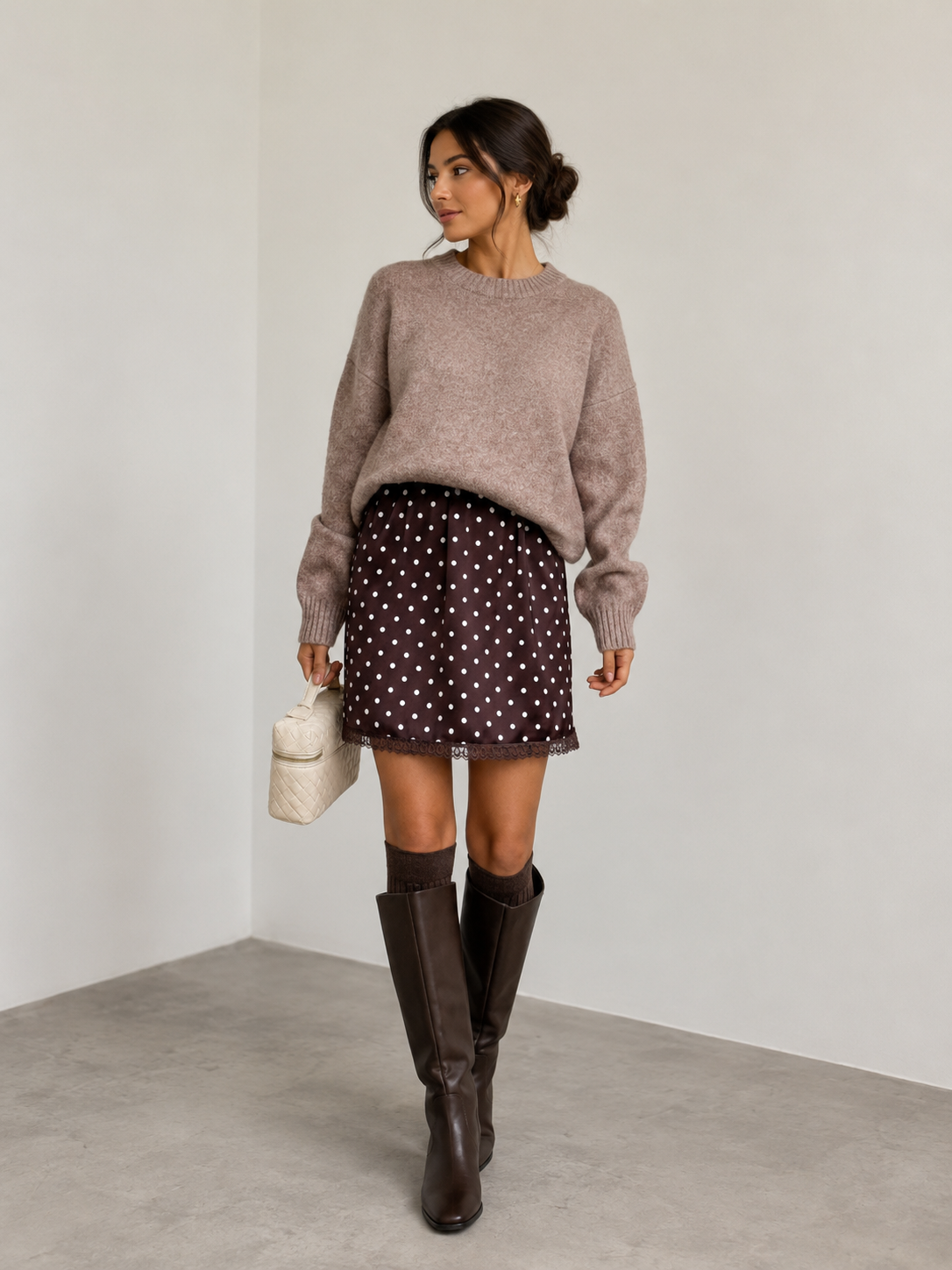 Falda mini satinada de lunares con encaje