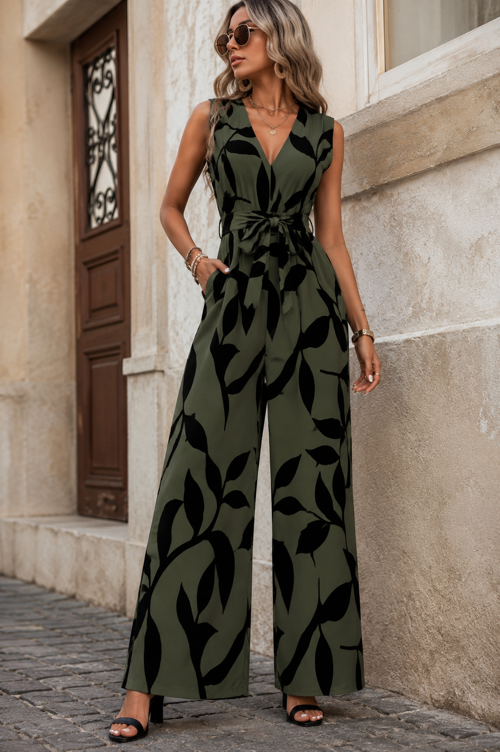 Jumpsuit largo con cintura definida y estampado botánico