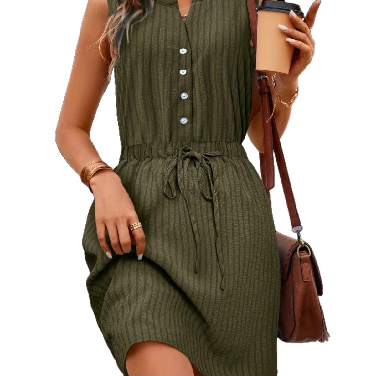 Vestido corto de líneas verticales con cintura ajustable