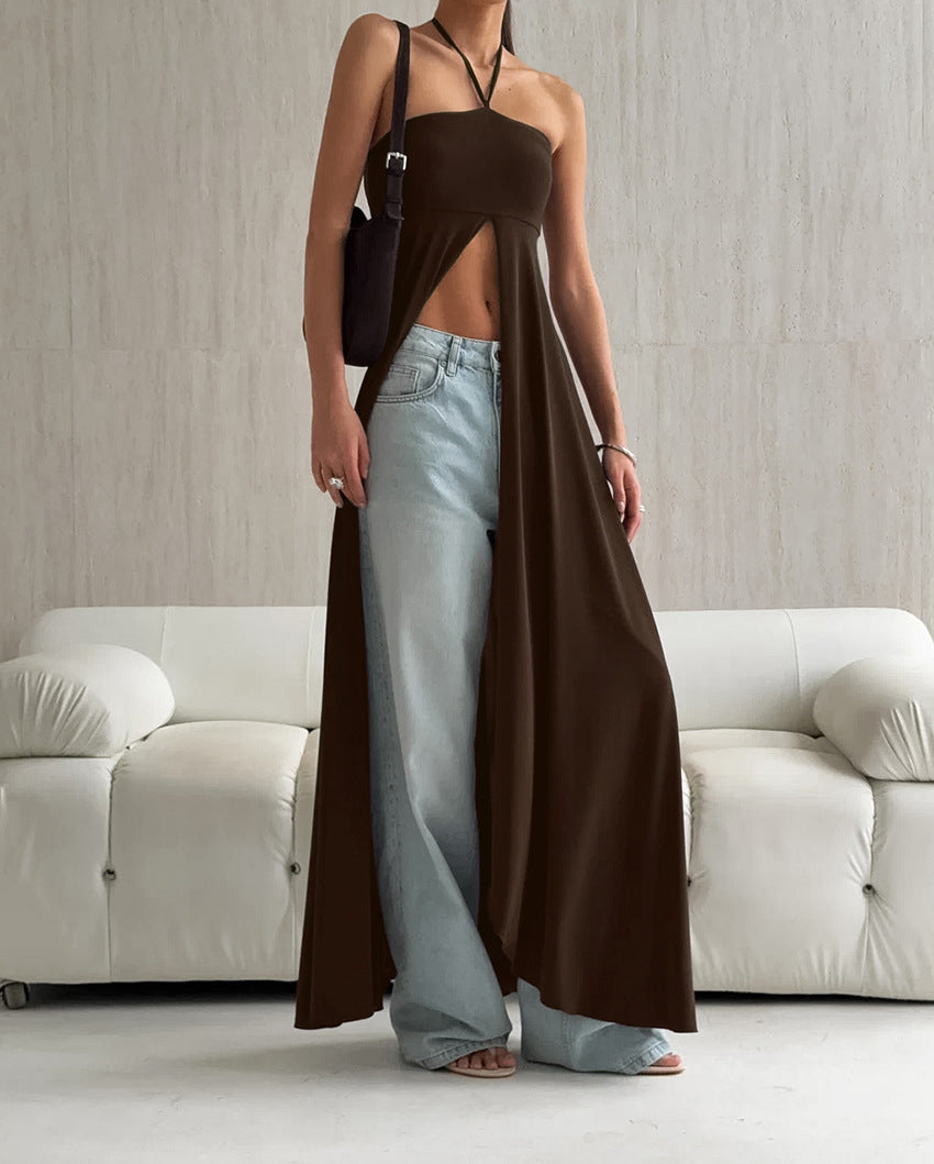 Vestido largo con cuello halter y abertura lateral